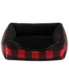 Hollypet Printed Flannel Rectangle Plush Dog Cat Bed Self-Warming Pet Bed, Red Checked