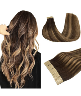 DOORES Human Hair Extensions Tape in Balayage chocolate Brown to caramel Blonde 18 Inch Natural Tape in Hair Extensions Seamless Straight Real Remy Hair Extensions 50g 20pcs