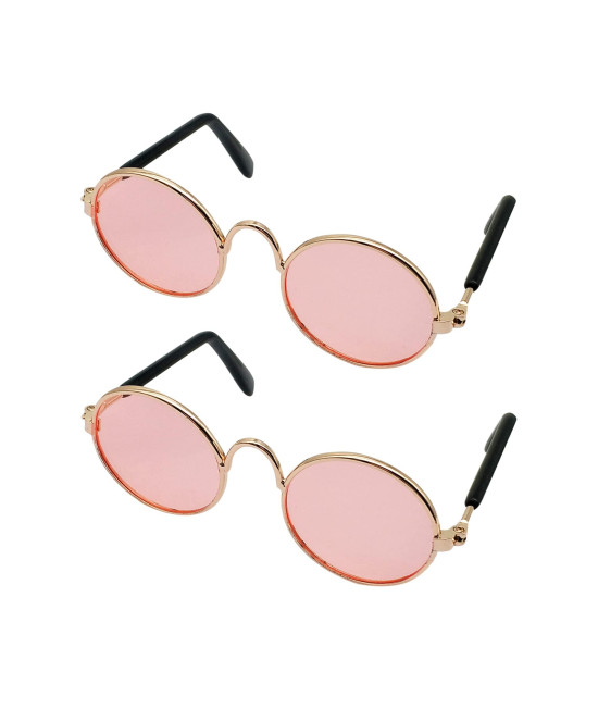 YAODHAOD Pet Sunglasses Classic Retro Circular Metal Prince Sunglasses Funny Cute Puppy Cat Teacher Bachelor Cosplay Glasses Pet Photos Props for Small Dog Cat(2 Pack) (Pink)
