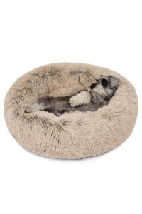 Friends Forever Donut Dog Bed Faux Fur Fluffy Calming Sofa For Medium Dogs, Soft & Plush Anti Anxiety Pet Couch For Dogs, Machine Washable Coco Pet Bed with Non-Slip Bottom, 30x30x7 Tan