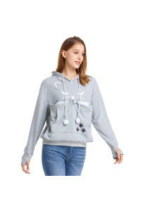 Unisex Big Pouch Hoodie Long Sleeve Pet Dog Holder carrier Sweatshirt (Light grey-cat Printing, L)