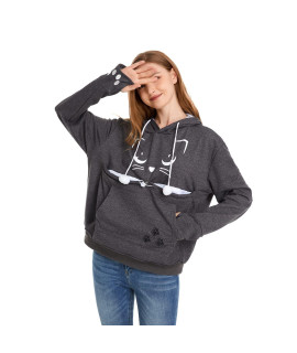 Unisex Big Pouch Hoodie Long Sleeve Pet Dog Holder carrier Sweatshirt (Dark grey-cat Printing, L)