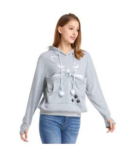 Unisex Big Pouch Hoodie Long Sleeve Pet Dog Holder carrier Sweatshirt (Light grey-cat Printing, S)