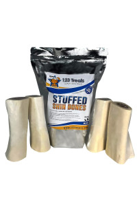 123 Treats, Peanut Butter Filled Bones for Dogs, Healthy PB Dog Snacks for Chewing, Stuffed Shin Bones, Long Lasting Chews for Dogs, 5 to 6?Cow Bones, 4 Count, Individually Shrink Wrapped