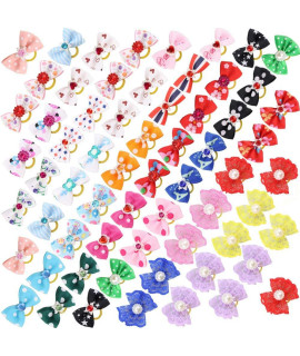 Comsmart 60Pcs 30 Pairs Yorkie Dog Puppy Hair Bows with Rubber Bands & Rhinestone Pearls & Handmade Lace Fabric, Cute Pet Small Hair Bowknot Grooming Accessories