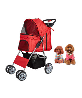 Dporticus 4 Wheel Pet Stroller Folding Carrier City Walk Strolling Cart for Dog? Cat and More Multiple Colors Red