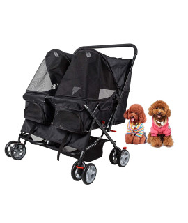 Dporticus Double Pet Stroller Foldable Stroller for 2 Dogs Cats Two-Seater Carrier Strolling Cart for Dog Cat and More Multiple Colors Black