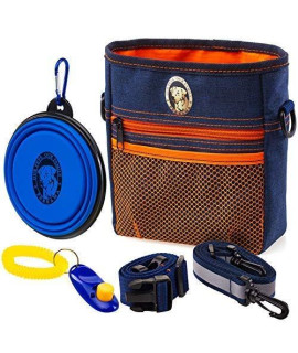 PERRAMA Dog Treat Bag, Training Pouch for Small and Large Dogs with Clicker and Collapsible Food Bowl BPA Free - Pet Treats Tote Bag with Waist and Shoulder Reflective Straps and Belt Clip (Blue)
