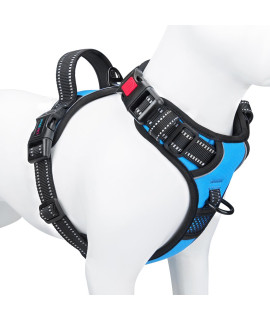 PHOEPET Reflective Dog Harness Large Breed Adjustable No Pull Vest with with Handle 2 Metal Rings 3 Buckles [Easy to Put on & Take Off](L, Blue)