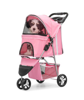 Magshion 3 Wheel Foldable Waterproof Premium Quality Pet Cat Dog Stroller Travel Carrier Light Weight with Storage Basket Cup Holder Zipper Lock, 35lbs Capacity, Pink