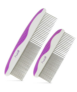 Poodle Pet Dog Combs for Grooming 2 Pack Stainless Steel Teeth Easily Remove Dirt Proper Care Prevents Knots and Mats for Long and Short Haired Pets Anti-Slip Comfort Grip Handle Purple