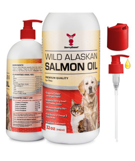 Pure Wild Alaskan Salmon Oil for Dogs, Cats, Ferrets - 32 oz Liquid Omega 3 Fish Oil, Pump on Food - Unscented All Natural Supplement for Skin and Coat, Joints, Heart, Brain, Allergy, Weight, Immune