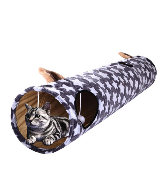 LUCKITTY Cat Tunnel -Straight-Shaped, Gray Star Pattern, Soft Velvet Exterior, Oxford Fabric Fog-Proof Interior, Plush Toy Ball, Easily Washable, Conveniently Foldable, 47.2in/120cm