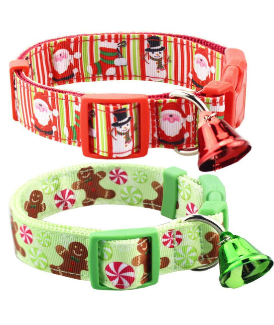 Bolbove Pack of 2 Adjustable Pet Christmas Festive Santa Bell Collars for Dogs Holiday Season (Large, Red Snowman + Light Green Sweet)