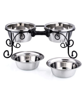 BestVida?Dog Bowl Stand, Elevated Dog Bowls, Raised Pet Feeding Station, Double Bowl Stand, 7-inch Pet Feeder Includes Four Premium Stainless Steel Bowls