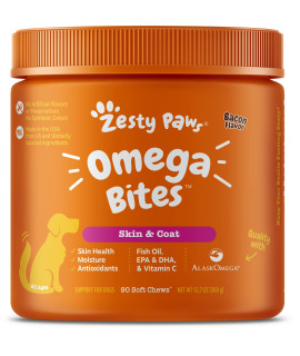 Zesty Paws Omega 3 Alaskan Fish Oil Chew Treats for Dogs - with AlaskOmega for EPA & DHA Fatty Acids - Hip & Joint Support + Skin & Coat Bacon Flavor - 90 Count