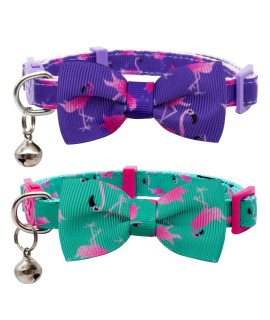 azuza Breakaway Cat Collar with Bell, 2 Pack Safety Buckle Cat Collars with Cute Bowtie, Flamingo Pattern, Adjustable from 8-12
