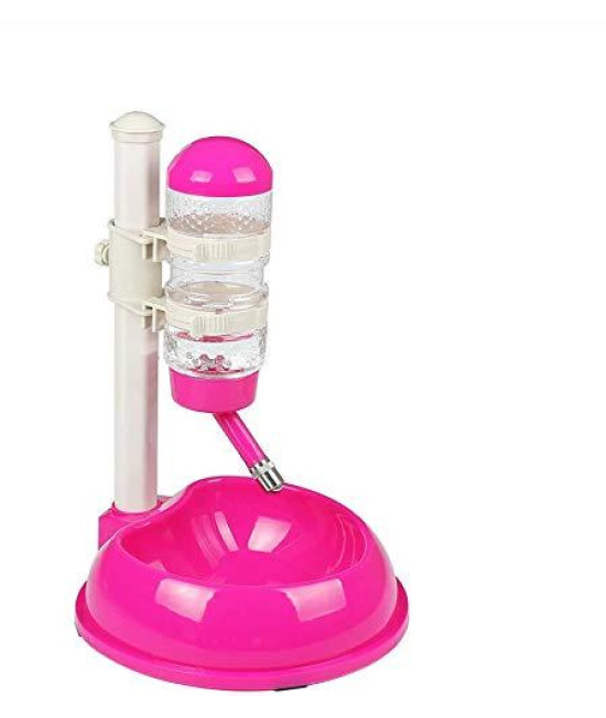 Pawow Pink Dog Bowls for Small Dogs, 3 in 1 Pet Automatic Water Food Feeder Bowl Bottle Standing Dispenser with Hook Adjustable Height, Detachable, for Puppy/Kitten/Cats/Rabbits/Guinea Pig/Hamsters