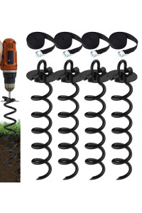 Eurmax USA 4-Pc Pack Spiral Stakes Heavy Duty Anchor Kit Ice Screw Anchor for Trampoline, Tents, tarps, Canopies,car Ports,Dog tie Out and etc Bonus Tie Down Straps 4-Pc Pack (Black)