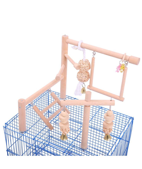 QBLEEV Bird Cage Play Stand Toy Set-Birdcage Wood Stands Hanging Chew Toys Ladder Swing Parrot Perch Play Gym Playground Accessories Activity Center for Conure, Parakeets, Budgie, Cockatiels,Lovebirds