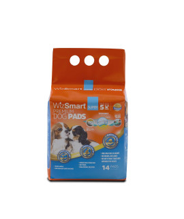 WizSmart All Day Dry Premium Dog and Puppy Training Pads, Made with Recycled Unused Baby Diapers and Eco Friendly Materials, 5 Cup Super 14 Count