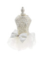 Hollow Dog Wedding Dress Tutu Skirt Luxury Lace Pearl Bow Christmas Dress Costume for Small Dog Pet Apparel (L, White)