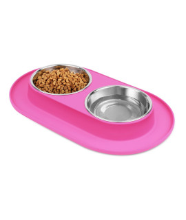 Flexzion Raised Dog Bowls and Mat Set - Pet Food & Water Feeding Station, Non Slip Spill Proof Pink Silicone Base with 2 12oz Stainless Steel Dog Bowls for Small to Medium Size Dogs and Cats
