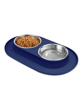 Flexzion Raised Dog Bowls and Mat Set - Pet Food & Water Feeding Station, Non Slip Spill Proof Blue Silicone Base with 2 12oz Stainless Steel Dog Bowls for Small to Medium Size Dogs and Cats