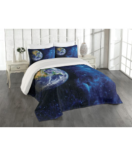 Lunarable galaxy coverlet Set Twin Size, celestial Theme View of The Earth from The Moon with Dark Outer Space and Universe, 2 Piece Decorative Quilted Bedspread Set with 1 Pillow Sham, Royal Blue
