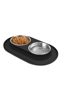 Flexzion Raised Dog Bowls and Mat Set - Pet Food & Water Feeding Station, Non Slip Spill Proof Black Silicone Base with 2 12oz Stainless Steel Dog Bowls for Small to Medium Size Dogs and Cats
