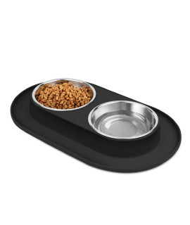Flexzion Raised Dog Bowls and Mat Set - Pet Food & Water Feeding Station, Non Slip Spill Proof Black Silicone Base with 2 12oz Stainless Steel Dog Bowls for Small to Medium Size Dogs and Cats