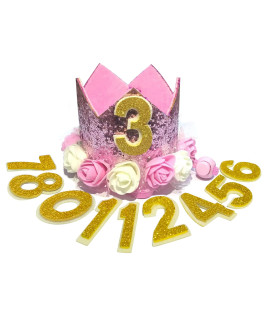 POSAPET Crown Dog Birthday Hat Girl Reusable Doggie Birthday Party Hat with Numbers Puppy Birthday Crown Hats for Dogs Cats Kitten Headband Hats Pink