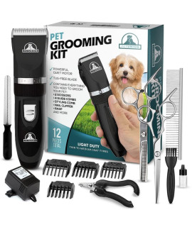 Professional Dog grooming Kit - cordless Low Noise Dog clippers for grooming Thick coats - All Pet Safe cat Hair Trimmer - Pet grooming Kit Includes Dog Hair clippers, Nail Trimmer & Shears