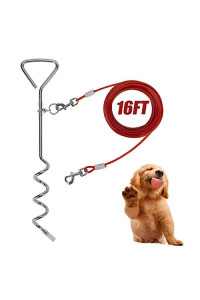 Darkyazi Dog Stake Tie Out Cable and Reflective Stake 16 ft Outdoor, Yard and Camping, for Medium to Large Dogs Up to 125 lbs (16ft Cable, 18 Stake, Red)