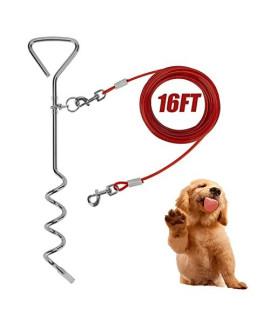 Darkyazi Dog Stake Tie Out Cable and Reflective Stake 16 ft Outdoor, Yard and Camping, for Medium to Large Dogs Up to 125 lbs (16ft Cable, 18 Stake, Red)
