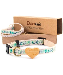 Pettsie Cat Collar with Heart, Safe Breakaway Buckle, Matching Friendship Bracelet, Soft and Comfortable Cotton for Sensitive Skin, Carton Box, Easy Adjustable 8-11 Inches, Green