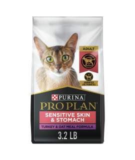 Purina Pro Plan With Probiotics, Sensitive Skin & Stomach, Natural Dry Cat Food, Turkey & Oat Meal Formula - 3.2 lb. Bag