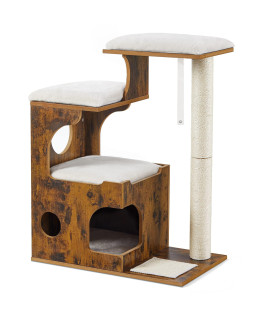 FEANDREA 33.9-Inch Cat Tower, Medium Cat Tree with 3 Beds and Cave, Cat Condo Made of MDF with Wood Veneer, Sisal Post and Washable Faux Fur, Vintage, Rustic Brown and White UPCT70HW