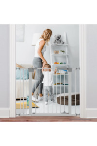 30-40.5'' Walk Thru Baby Gate for Stairs, Auto-Close Safety Dog Gate, Metal Expandable Pet Gate with Pressure Mount for Stairs, Doorways, Banister, Grey