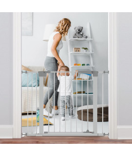 30-40.5'' Walk Thru Baby Gate for Stairs, Auto-Close Safety Dog Gate, Metal Expandable Pet Gate with Pressure Mount for Stairs, Doorways, Banister, Grey