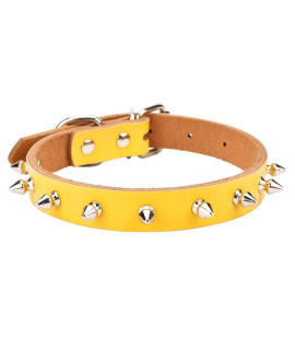 Aolove Basic Classic Adjustable Genuine Cow Leather Pet Collars for Cats Puppy Dogs (Large/Neck 11.8-15.3, Yellow-Spiked Rivet)
