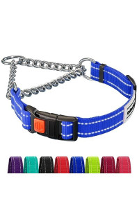 CollarDirect Martingale Dog Collar with Stainless Steel Chain and Quick Release Buckle - Reflective Collar for Large, Medium, Small Dogs - Blue, Large (Neck Size 17-22)