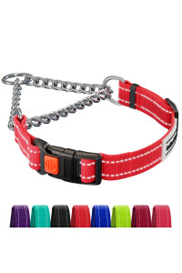 CollarDirect Martingale Dog Collar with Stainless Steel Chain and Quick Release Buckle - Reflective Collar for Large, Medium, Small Dogs - Red, Large (Neck Size 17-22)