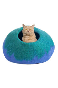Juccini Wool Cat Cave Bed - Handmade Premium Felt Cat Bed Cave (Large) - 100% Marino Wool Cat Cave for Indoor Cats and Kittens (Green/Blue)