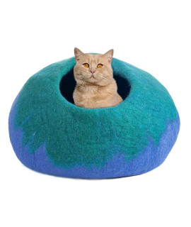 Juccini Wool Cat Cave Bed - Handmade Premium Felt Cat Bed Cave (Large) - 100% Marino Wool Cat Cave for Indoor Cats and Kittens (Green/Blue)