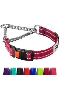 CollarDirect Martingale Dog Collar with Stainless Steel Chain and Quick Release Buckle - Reflective Collar for Large, Medium, Small Dogs - Dark Red, Medium (Neck Size 14-17)