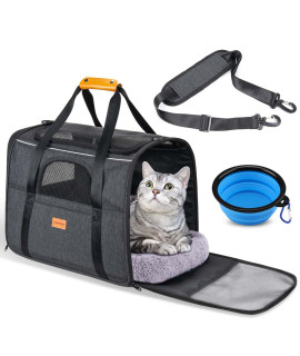 Morpilot Portable Cat Carrier - Soft Sided Cat Carrier for Medium Cats and Puppy up to 15lbs, Pet Carrier with Locking Safety Zippers, Foldable Bowl, Airline Approved Travel Dog Carrier - Dark Gray
