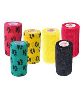 Prairie Horse Supply 4 Inch Vet Wrap Tape Bulk (Red, Yellow, Black and Black Paw Prints on Yellow, Red, Teal) (Pack of 6) Self Adhesive Adherent Adhering Flex Bandage Grip Roll for Dog Cat Pet