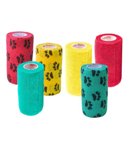 Prairie Horse Supply 3 Inch Vet Wrap Tape Bulk (Red, Teal, Yellow and Black Paw Prints on Yellow, Red, Teal) (Pack of 6) Self Adhesive Adherent Adhering Flex Bandage Grip Roll for Dog Cat Pet