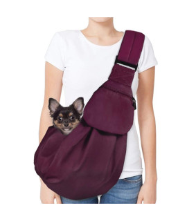 AUTOWT Dog Padded Papoose Sling, Small Pet Sling Carrier Hands Free Carry Adjustable Shoulder Strap Reversible Tote Bag with a Pocket Safety Belt Dog Cat Traveling Subway (5-12lbs, Burgundy)